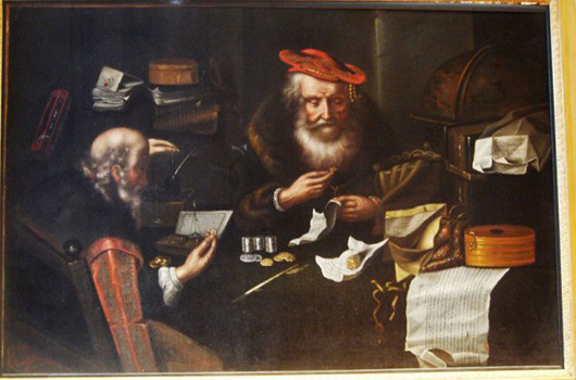 ‘Merchants Counting Money’ is an old master by the Circle of Salomon Koninck (1609-1659). The oil on canvas, 31 1/2 inches by 43 1/4 inches, has a $25,000-$31,250 estimate. Image courtesy of Malter Galleries Inc.