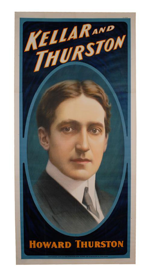 A young Howard Thurston is pictured on this three-sheet color lithograph that bears both his and Harry Kellar’s names. The poster dates to the 1907/08 theatrical season, at the end of which Thurston assumed Kellar’s mantle of magic. The rare poster has an $8,000-$10,000 estimate. Image courtesy of Potter & Potter Auctions.