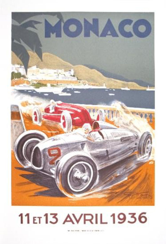 This vintage lithographic reproduction of George Hamel’s ‘Monaco Grand Prix 1936’ was printed in France on Velin paper. In mint condition, the 39 1/2-inch by 26 3/4-inch poster has a $150-$225 estimate. Image courtesy of Universal Live.