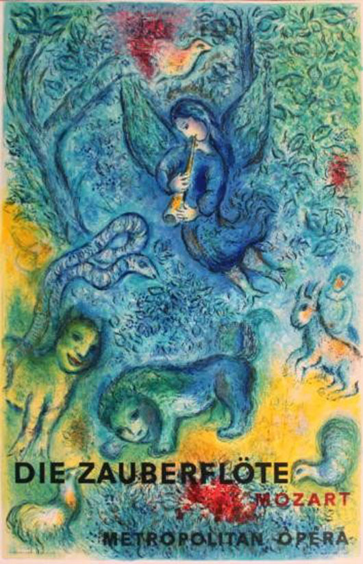 ‘Die Zauberflote,’ ‘The Magic Flute,’ is an original lithograph by Marc Chagall for the Metropolitan Opera in New York in 1966. Published by Mourlot in France, the 40-inch by 26-inch poster in near mint condition has a  $6,050-$6,875 estimate. Image courtesy of Universal Live.