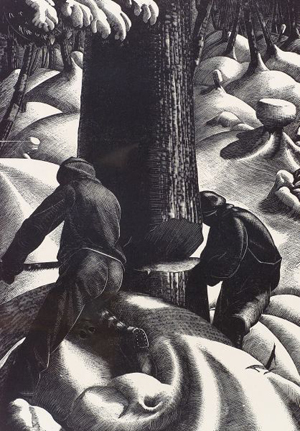 Clare Leighton (Anglo/American, 1901-1988), best-known for her wood engravings, titled this work ‘Cutting,’ from her 1931 Lumber Camp series. Image courtesy of Skinner Inc. and LiveAuctioneers archive.