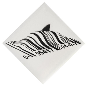 Banksy (British, b. 1975) ‘Barcode Shark,’ 2002, spray paint stenciled on canvas, signed with stencil on overlap, 24 inches by 24 inches, est. $63,200-$94,700. Image courtesy of Bloomsbury Auctions.