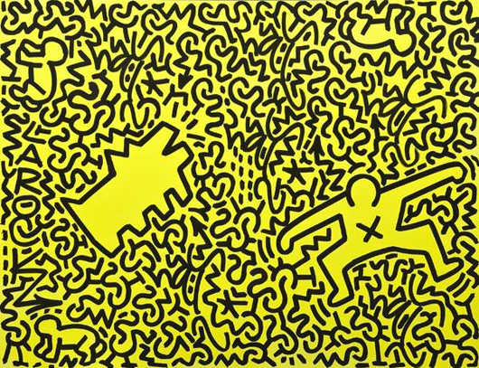 LA II (Angel Ortiz) (American, b. 1967) and Keith Haring (American, 1958-1990) attributed, untitled, acrylic and marker pen on board, framed, 38 inches by 49 3/4 inches, $18,950-$23,700. Image courtesy of Bloomsbury Auctions.
