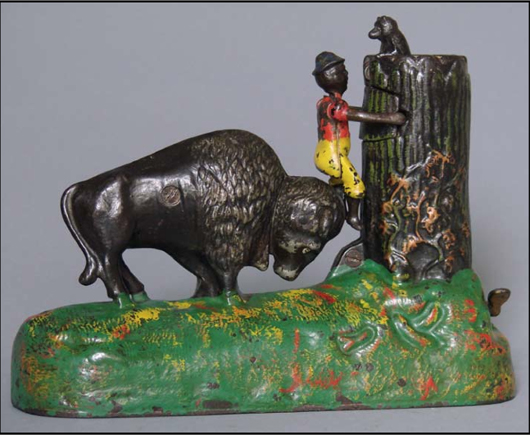 Kyser & Rex Butting Buffalo cast-iron mechanical bank, patented March 20, 1988, est. $15,000-$22,000. RSL Auctions image.