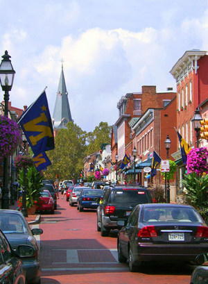 The buildings and streets of Annapolis, Md., as seen in this picture of a downtown street, reflect the city's colonial past. Feb. 2005 photo by Dan Smith, licensed under the Creative Commons Attribution-Share Alike 2.5 Generic license.