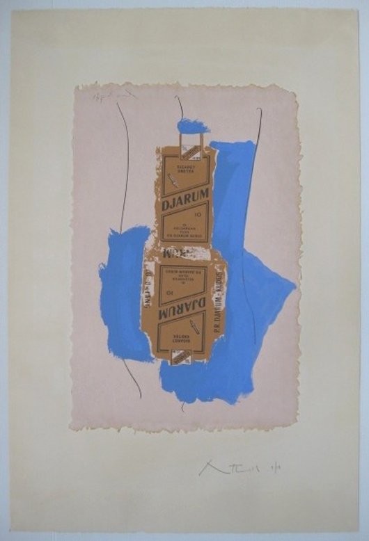 Robert Motherwell (American 1915-1991) - 'Djarum’ - (Belknap 145) - color lithograph and silkscreen with collage and hand-coloring, 1975, signed and numbered 9/18 in pencil, 32 1/4 inches x 20 13/16 inches, est. $3,000-$5,000. Image courtesy of Rachel Davis Fine Arts.