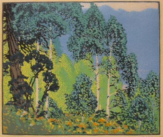 Gustave Baumann (American 1881-1971) - 'Aspen Summer’ - (Acton 91) - woodblock in colors, 1920, signed, titled and numbered 47/120 in pencil, artist stamp in orange, 9 3/8 inches x 11 1/8 inches, estimate $4,000-$7,000. Image courtesy of Rachel Davis Fine Arts.