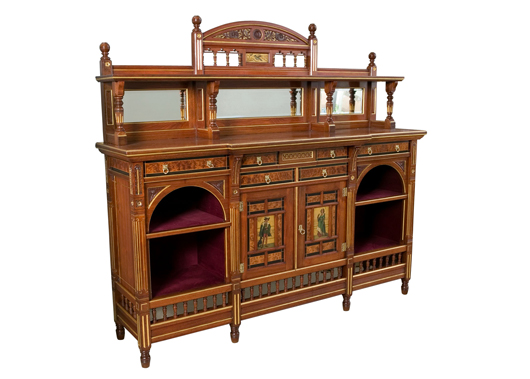 This handsome Gillows walnut and thuya wood display sideboard, to a design by Bruce Talbert, circa 1877, will be for sale with Holly Johnson Antiques  at the new fair at Mere Golf & Country Club in Cheshire in January.