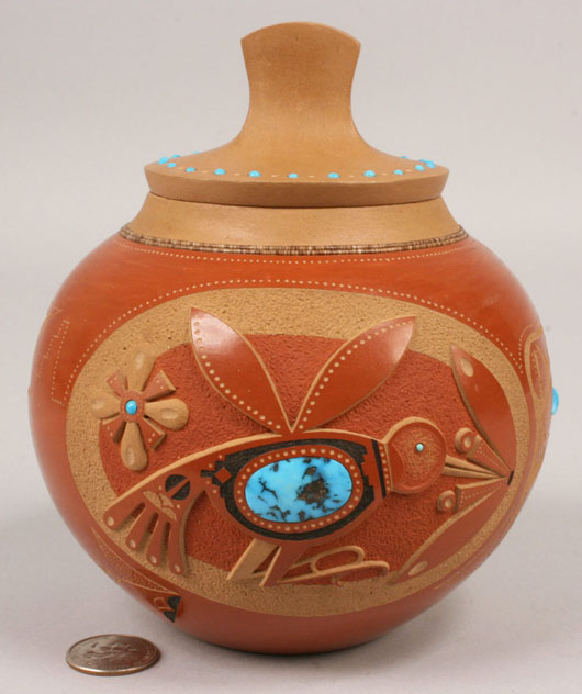 Pueblo potter Anthony Edward Tony Da covered jar, $35,650. Image courtesy Case Antiques Inc.