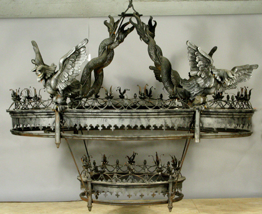 Gothic light fixture made of wrought iron and steel with resin gargoyles. From 20th Century Props of California. Est. $15,000-$25,000. Image courtesy of Kaminski Auctions.
