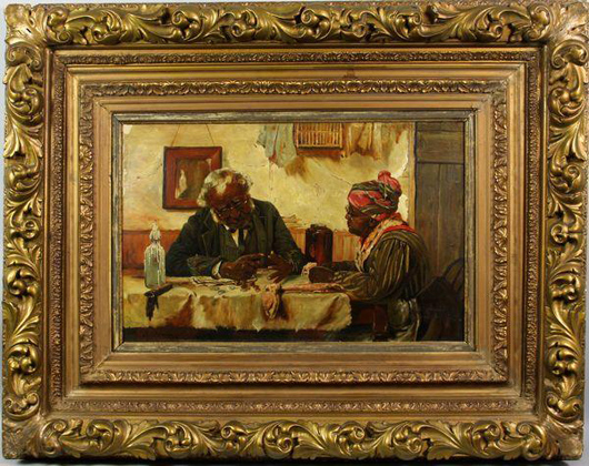 Harry Roseland (American, 1867-1950), ‘A Penny Short,’ oil on canvas, signed ‘Harry Roseland’ lower left, 14 3/4 inches x 22 3/4 inches sight size, 29 inches x 37 inches frame size. Est. $30,000-$50,000.