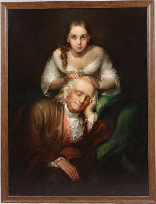 Lilly Martin Spencer (American, 1822-1902), portrait of Benjamin Franklin with a young girl, oil on canvas, signed, 48 inches x 36 inches sight size and 51 inches x 38 3/4 inches frame size. Est. $25,000-$35,000. Image courtesy of Kaminski Auctions.