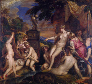 ‘Diana and Callisto’ (1556-1559) is one of two masterpieces Titian painted for King Philip II of Spain. The oil on canvas measures 74 3/4 inches by 81 3/4 inches. Image courtesy of National Gallery of Scotland and High Museum of Art, Atlanta.