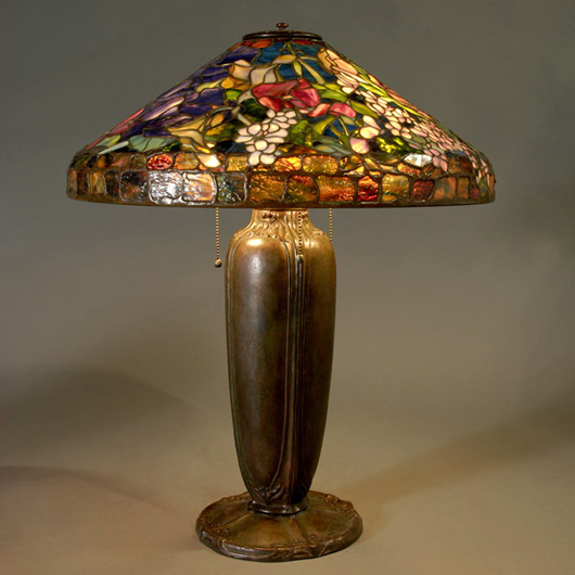 Leaded glass table lamp, Joseph Porcelli, 23 1/2 inches high, shade 20 inches diameter. Estimate: $12,000-$14,000. Image courtesy of Michaan’s Auction.