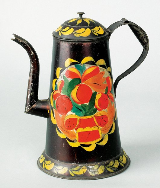 Pennsylvania toleware coffee pot, 19th century, vibrant yellow and red floral decoration on a black ground, 10 1/2 inches high. Est. $5,000-$10,000. Image courtesy of Pook & Pook Inc.