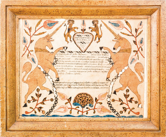 Christian Mertel (southeastern Pennsylvania, 1739-1802)], Dauphin County ink and watercolor fraktur dated 1793 with central script flanked by rampant unicorns and tulip vines below a heart and two crowned lions, retaining a period faux bird's-eye maple decorated frame, 12 inches x 15 1/2 inches. Est. $10,000-$15,000. Image courtesy of Pook & Pook Inc.