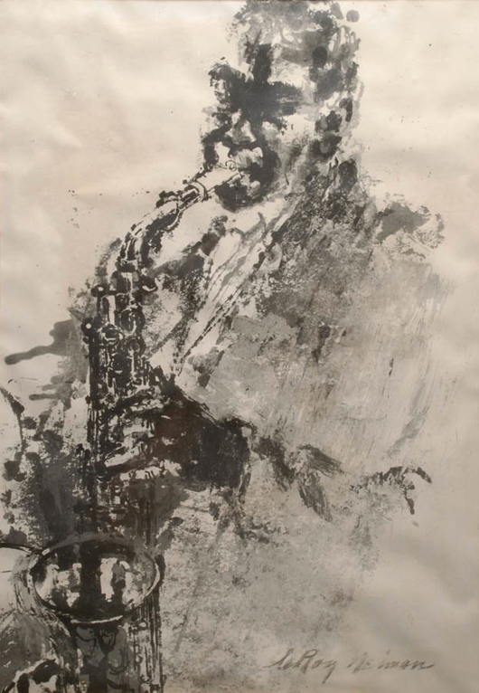 LeRoy Neiman (b. 1927), circa 1956, ‘Charlie ‘Bird’ Parker,’ ink and gouche on paper, 24 inches x 19 inches. Estimate: $6,000-$8,000. Image courtesy of Michaan’s Auction.