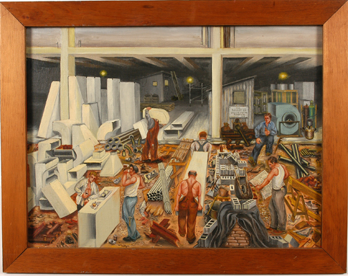 Original oil on canvas painting by John Niro (New York, 1906-1989), titled ‘The Sheet Metal Workers.’ Image courtesy of Slotin Folk Art Auction.