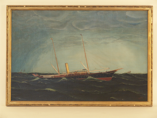 Early 20th-century oil on canvas showing the Eastern Yacht Club flagship Pantooset, which is considered one of the finest steam yachts ever built. Signed lower right ‘J.M.O.’ Image courtesy Boston Harbor Auctions. $4,000-$6,000. Image courtesy Boston Harbor Auctions.