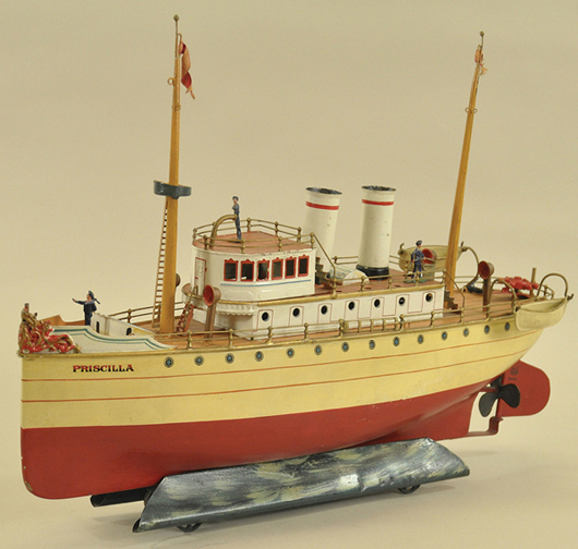 Leading the fleet of more than 20 antique boats from premier German manufacturers is an exquisite circa-1909 hand-painted Marklin “Priscilla” steamboat, 19 inches long, with provenance from the collection of the late Bill Bertoia. Estimate $35,000-$45,000. Bertoia Auctions image.
