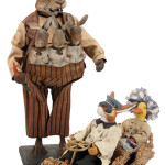 Clockwork cloth-dressed rabbit nodder with three baby nodders, 21 inches tall, estimate $15,000-$20,000; rabbit chauffeur and lady duck passenger in loofah touring car with wood wheels, 12½ inches long, estimate $8,000-$10,000. Both toys formerly in the collection of the Mary Merritt Doll Museum. Noel Barrett image.