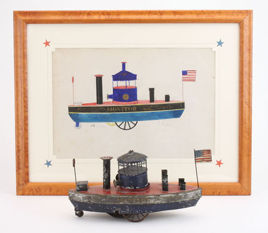Circa-1870 George Brown "Monitor" clockwork boat, 13½ inches long, painted and stenciled tin with cast-iron wheels, offered together with the original hand-painted page depicting the toy in the famed &guot;George Brown Toy Sketchbook," estimate $25,000-$50,000. Noel Barrett image.