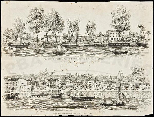 Steam-Boat Landing Sacramento letter sheet, two lithograph views, each approximately 3 1/2 inches x10 1/2 inches on a single sheet approximately 8 1/4 inches x10 1/2 inches. Sold for $2,040. Image courtesy of PBA Galleries.
