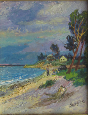 David Burliuk, oil on panel, ‘Seashore,’ Hampton Bays, N.Y., estimate $5,000-$8,000. Image courtesy of William J. Jenack Auctioneers.