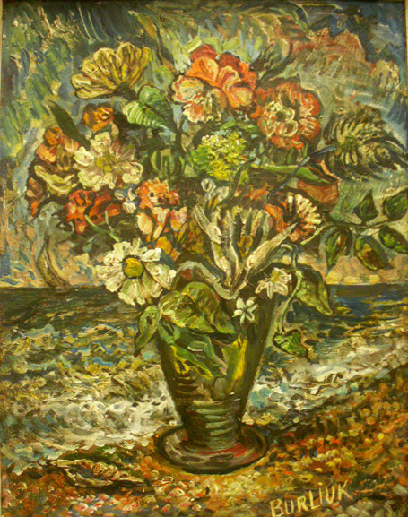 David Burliuk, oil on artist board, ‘Vase with Flowers,’ estimate $5,000-$10,000. Image courtesy of William J. Jenack Auctioneers.