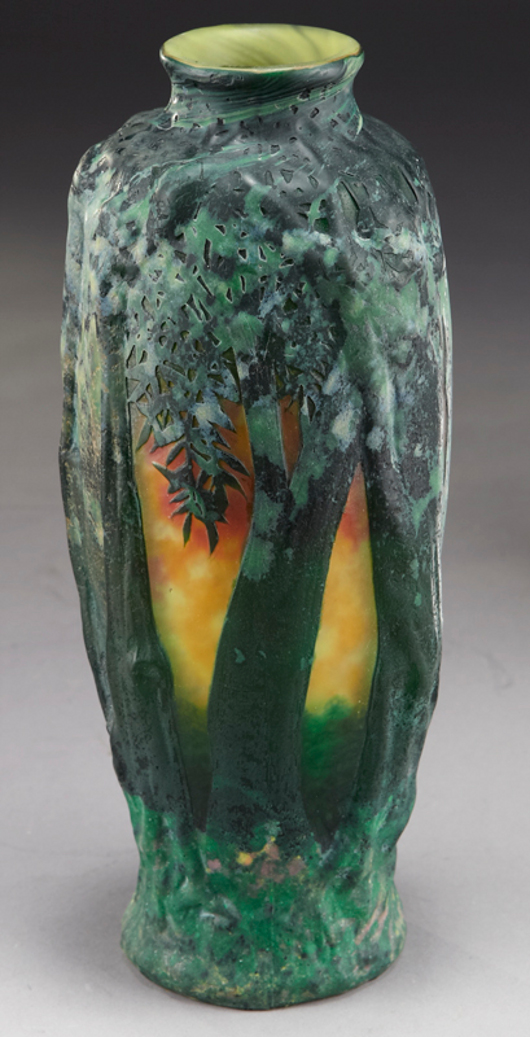 Daum Nancy French cameo blow out vase, 11 1/2 inches high. Estimate: $6,000-$9,000. Image courtesy of Dallas Auction Gallery.