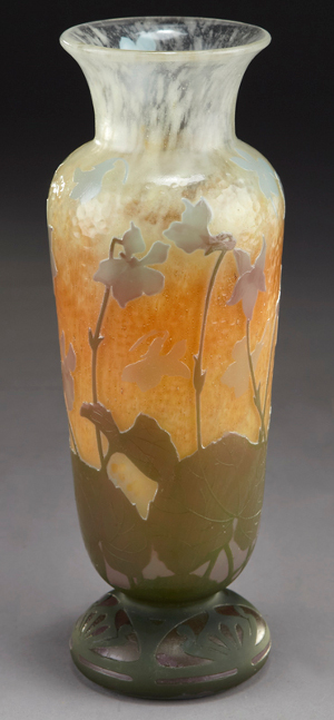 Daum Nancy Martele French cameo vase, 11 inches high. Estimate: $5,000-$6,000. Image courtesy of Dallas Auction Gallery.