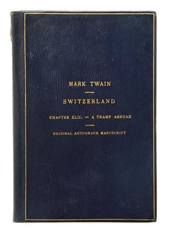 Samuel L. Clemens autograph manuscript, 38 pages (8 x 5 inches), comprising Chapter XLII of ‘A Tramp Abroad’ (1880), bound with engraved portrait of Clemens, printed title page stating: ‘Mark Twain / Switzerland / Chapter XLII. / A Tramp Abroad / Original Autograph Manuscript.’ Estimate:  $30,000-$50,000. Image courtesy of Leslie Hindman Auctioneers.