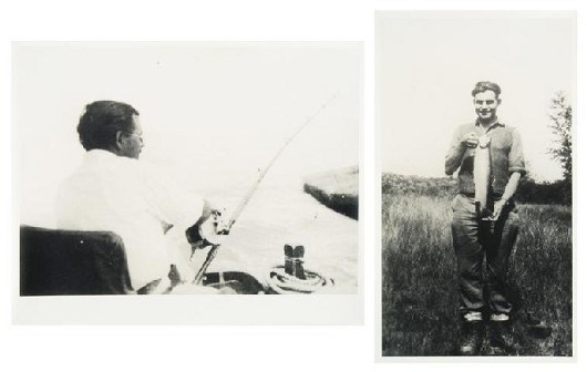 Two unsigned unpublished photographs of Ernest Hemingway fishing as a young man in Michigan and as an adult in the Gulf Stream, black and white. Size of larger is 8 x 10 inches. Estimate: $600-$800. Image courtesy of Leslie Hindman Auctioneers.