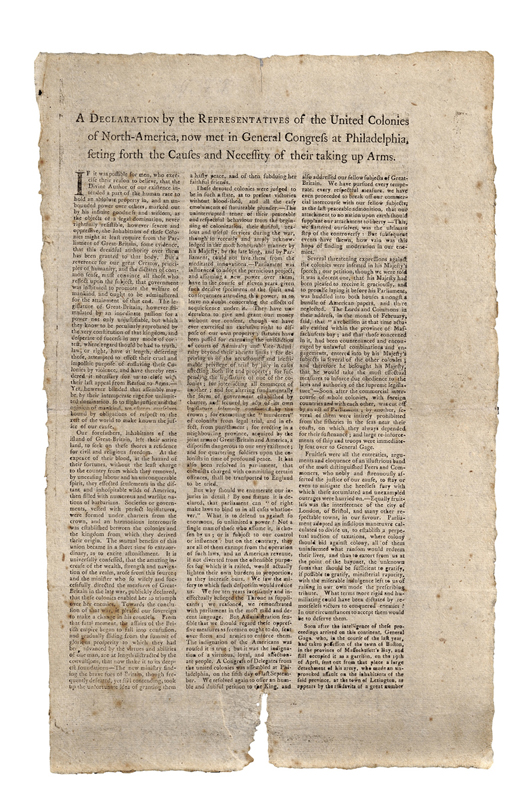 ‘Declaration for Taking up Arms, Second Continental Congress,’ rare and important broadside, July 6, 1775, two pages, New York. Estimate $40,000-60,000. Image courtesy of Skinner Inc.