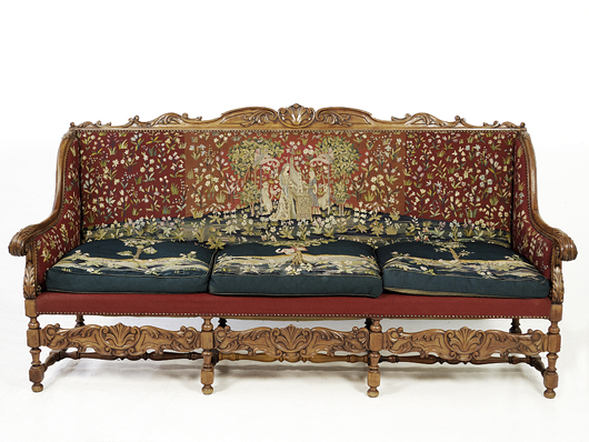 A Louis XIII settee, France, 19th century walnut frame with needlepoint upholstery 47 x 91 x 24 inches. Estimate: $2,500-$3,500. Image courtesy of Morton Kuehnert Auctioneers & Appraisers.