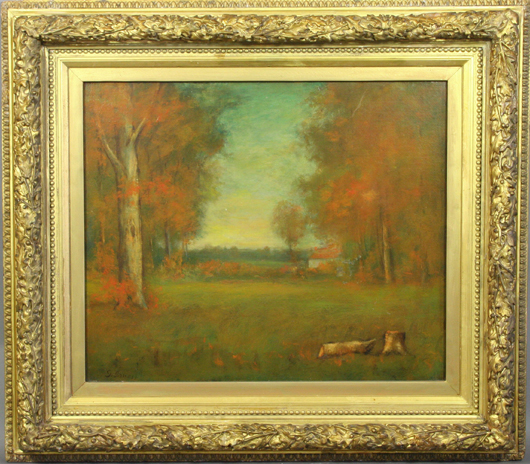 George Innes (American, 1825-1894), ‘Autumn Landscape,’ oil on canvas, 25 1/4 inches  x 35 inches. In original holly leaf and berry carved frame.  Est. $15,000-$25,000. Image courtesy of Kaminski Auctions.