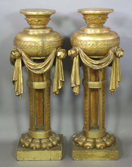 Pair or 19th-century Italian Neoclassical gesso and gilt wood pedestals, 43 x 17 x 14 1/2 inches. Est. $8,000-$12,000. Image courtesy of Kaminski Auctions.