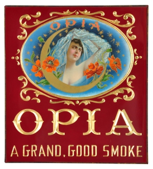 Rare Opia Cigars reverse-on-glass sign with embossed flowers and gold-foil lettering, near mint, 10 inches by 9 inches, estimate $1,000-$1,500. Morphy Auctions image.