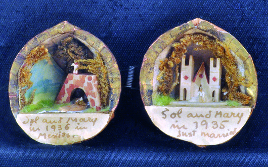 This pair of miniature mixed media dioramas inside painted walnut shells entitled ‘Wedding and Honeymoon’ by Frida Kahlo (Mexican, 1907-1954) achieved $38,513. Image courtesy of Clars Auction Gallery.