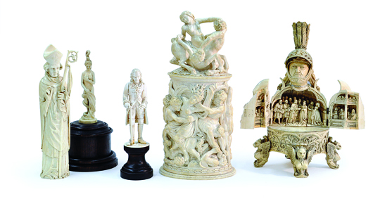 This amazing collection of German ivories including a Baroque tankard sold for $20,145. Image courtesy of Clars Auction Gallery.