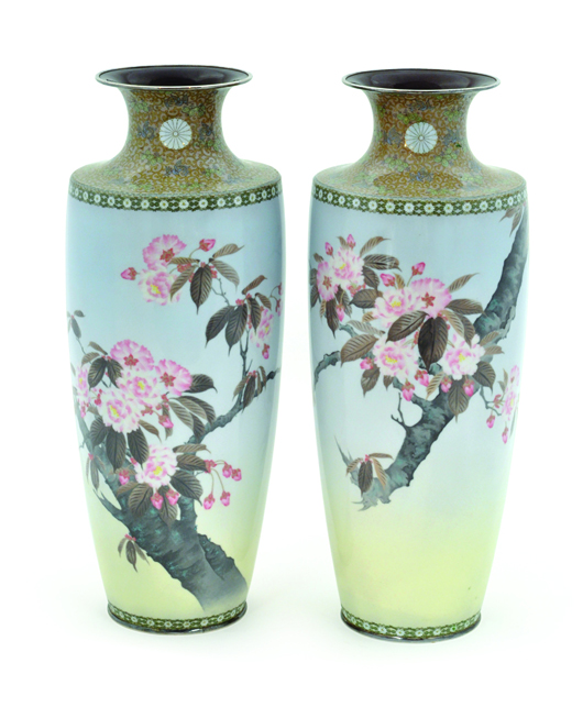 Highlighting the Japanese offerings was this pair of Japanese cloisonné enamel decorated imperial presentation vases from the Meiji Period (1903), which sold for $29,625. Image courtesy of Clars Auction Gallery.