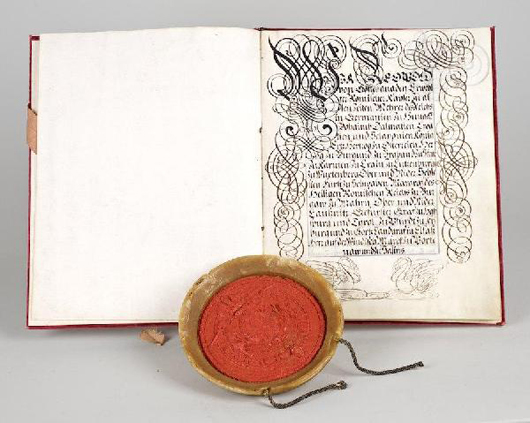 Leopold I, Holy Roman Emperor, legal document, July 3, 1686, signed, manuscript on vellum, seven leaves, signed, in vellum binder with original wax seal, est. $400-$600. Image courtesy of Millea Bros.