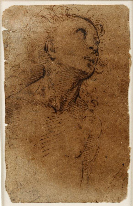 Circle of Perugino (16th century), pen and ink drawing, head of St. Sebastian, pen and ink on paper, apparently unsigned, 5 1/4 inches x 3 1/2 inches (sheet), matted and framed, est. $1,000-$1,500. Image courtesy of Millea Bros.