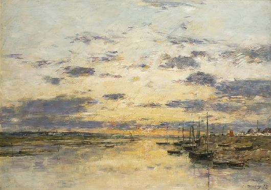 Eugène  Boudin, ‘Coucher de Soleil, Étaples,’ oil on canvas, signed and dated (18)78, currently on view at Trinity House Painting's new gallery at 50 Maddox Street, London W1. Image courtesy Trinity House Paintings.