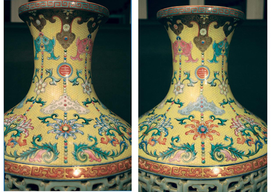 Views from both sides of the neck of the Qianlong imperial porcelain vase that fetched a world record 51.6 million pounds ($83.2 million) at Bainbridge's November auction. Image courtesy Bainbridge's.