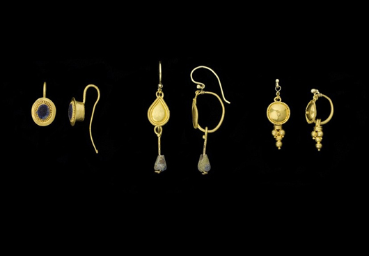 London antiquities dealer Charles Ede Ltd. is offering a range of reasonably priced objects for Christmas, including these Roman gold earrings (from left) priced at: 900 pounds ($1,450), 1,100 pounds ($1,770) and 950 pounds ($1,525). Image courtesy Charles Ede Ltd.