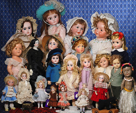 A wonderful selection of antique and vintage dolls awaits bidders, with the centerpiece of the auction being the personal collection of artist Kathy Riddick. Image courtesy of Frasher's Doll Auction.
