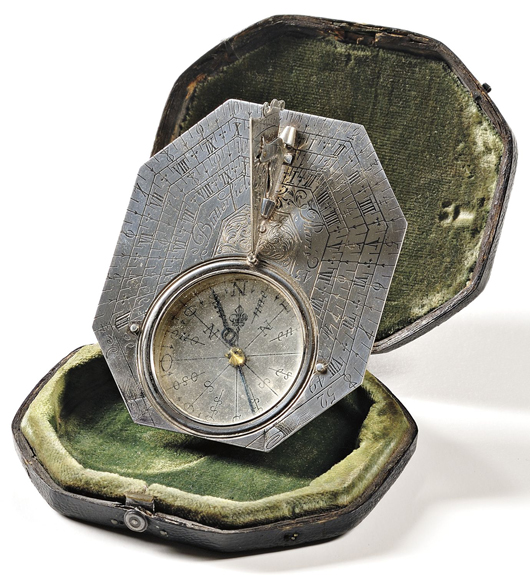 This silver pocket sundial is by Butterfield, Paris, circa 1700. It is housed in a stippled leather, felt lined case, 3 inches x 2 3/4 inches. The estimate is  $2,500-$3,500. Image courtesy of Skinner Inc.