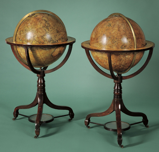 J. & W. Cary, London, produced this pair of 20-inch library globes in inlaid mahogany Hepplewhite stands circa 1815. Standing approximately 47 inches tall, the terrestrial and celestial globes have an $80,000-$100,000 estimate. Image courtesy of Skinner Inc.