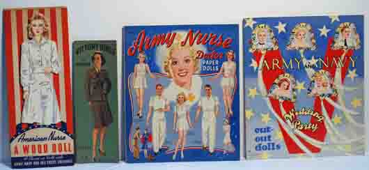 From a large selection of mostly uncut paper dolls, four military paper dolls including American Nurse wooden doll with Army, Navy and Red Cross uniforms, Victory Girls, Army Nurse and Doctor. Estimate $50-$100. Image courtesy of Frasher's Doll Auction.